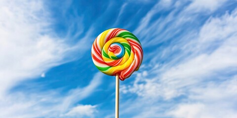 Poster - Bright rainbow lollipop centered against a vivid blue sky with fluffy white clouds providing a cheerful, spacious backdrop perfect for text.