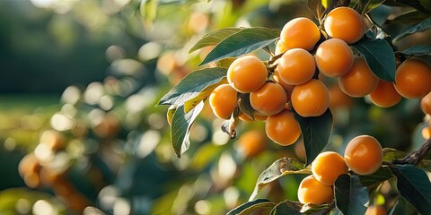 Aufkleber - Ripe loquat fruits clustered on lush green branches with soft sunlight illuminating their golden-orange color in a serene outdoor setting.
