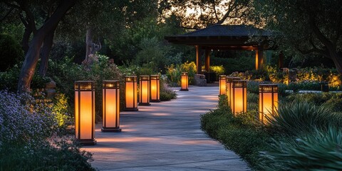 Poster - Serene evening pathway illuminated by radiant bar lanterns casting a warm glow, surrounded by lush greenery and soft floral accents.