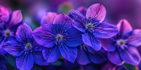 Poster - Blooming purple flowers with intricate details positioned centrally, showcasing vibrant shades of purple and hints of green, against a soft background.