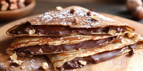Poster - Delicious thin homemade crepes filled with rich chocolate and crunchy hazelnuts stacked on a wooden board garnished with powdered sugar and nuts