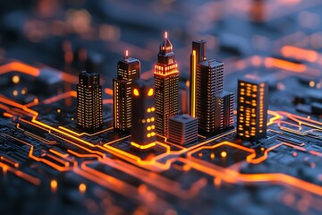 Poster - Miniature Futuristic Cityscape on Illuminated Circuit Board