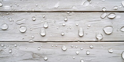 Fototapete - Close-up of a textured white wooden surface with varying sizes of clear water droplets scattered across the planks, highlighting a fresh and clean ambiance.