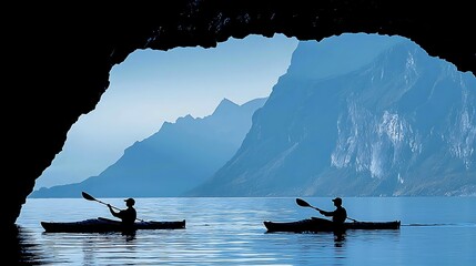 Wall Mural - Kayaking Adventure Two Silhouettes Paddle Through a Cave Entrance Towards Majestic Mountains.