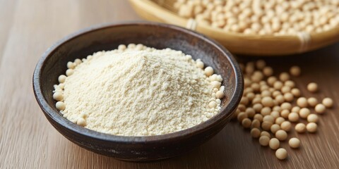 Poster - Bowl of fine kinako soy flour in foreground with scattered soybeans on wooden surface and textured bamboo background out of focus