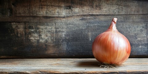 Poster - Freshly harvested onion on rustic wooden surface with dark brown background and warm earthy tones creating a cozy farm-style atmosphere.
