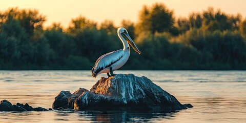 Aufkleber - Pelican standing on a rock in calm water during sunset with warm golden hues illuminating the scene and lush green trees in the background
