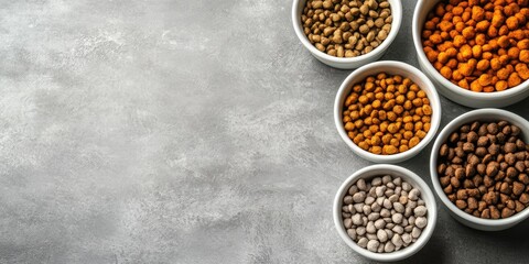 Poster - Pet food assortment in white bowls on a grey textured table with dry kibble, various colors prominently displayed, ample space for text on the left