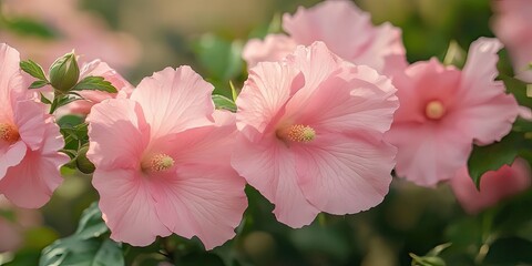 Poster - Soft pink hibiscus flowers with delicate petals and green leaves, elegantly arranged against a blurred natural background, showcasing floral beauty.