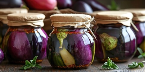 Poster - Colorful jars of pickled eggplant with purple hues and green herbs, positioned on a rustic wooden surface, creating a fresh, appetizing display.