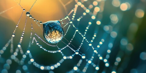 Leinwandbilder - Macro shot of a delicate spider web adorned with a crystal-clear drop of condensation reflecting soft golden and blue hues, showcasing intricate details.