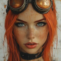 Poster - Ultrahighresolution closeup of bold redhaired woman with steampunk elements metallic goggles resting on her head dynamic splashes of paint a blend of cyberpunk industrial and gritty urban textures