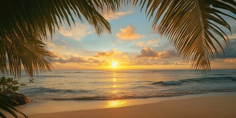 Aufkleber - Tranquil sunset over serene beach framed by palm leaves with golden clouds reflecting on calm water creating a peaceful tropical scene