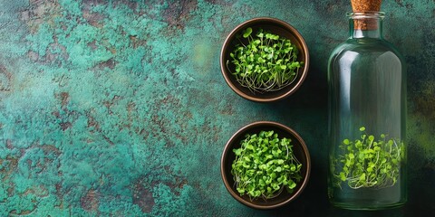 Poster - Fresh microgreens in two dark bowls beside a clear glass bottle on a textured green background with hints of blue and brown for a natural aesthetic.