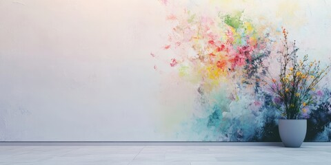 Leinwandbilder - Vibrant abstract wall mural with splashes of pink, yellow and blue, complemented by a modern gray flower pot positioned to the right.