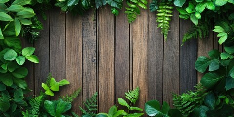 Wall Mural - Lush green plants framing a rustic wooden background with various shades of green foliage arranged symmetrically around the edges