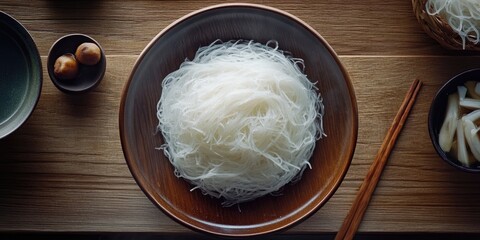 Aufkleber - Delicate rice noodles in a wooden bowl centered on a wooden table with chopsticks alongside a side dish and nuts in dark plates top view presentation