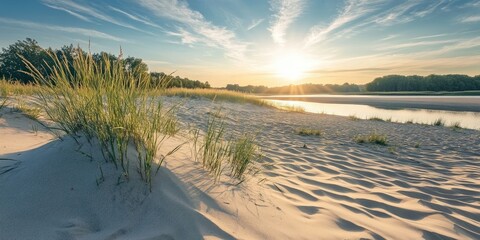 Aufkleber - Serene summer morning view of golden sand dunes with green grasses by a calm river under a vibrant sky, soft orange and blue hues.