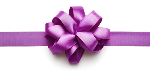 Poster - Vibrant violet gift bow centered on a satin purple ribbon with smooth texture against a clean white background creating an elegant festive look