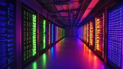 Poster - Colorful LED-lit server hall in a modern data center environment