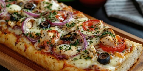 Poster - Delicious rectangular pizza with grilled chicken, olives, onions, tomatoes, and herbs on a wooden board with a dark background