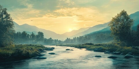 Poster - Tranquil river landscape at sunset with misty mountains in the background, vibrant hues of orange and blue reflecting on the water surface.