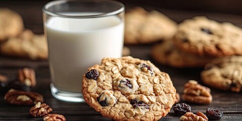 Poster - Close-up of homemade oatmeal cookies with nuts and raisins in the foreground, a glass of milk beside them on a dark wooden background.