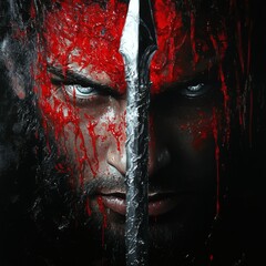 Poster - Ultrarealistic 3D painting of Poseidon formed dripping red silver paint emerging from the sea with his glowing silver trident His intense eyes burn with anger highlighted against a black background