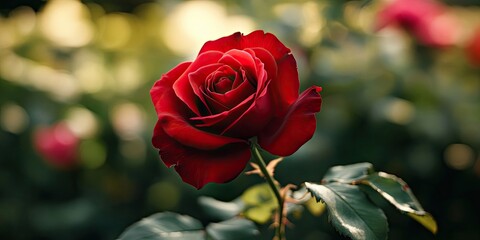 Poster - Vibrant close-up of a red rose with rich velvety petals against a blurred lush green background capturing nature's elegance and beauty.
