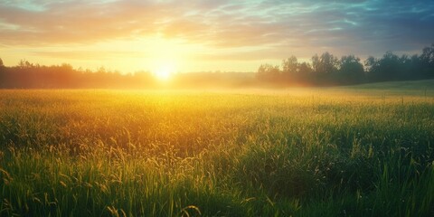 Poster - Morning field covered in dew glows under bright sunrise with golden light illuminating lush green grass and distant trees in serene landscape