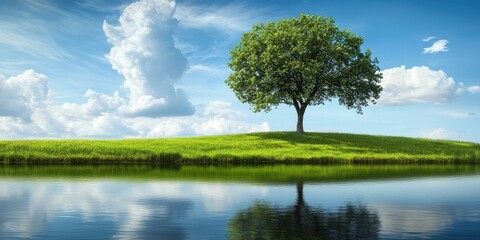 Poster - Lone green tree on a grassy hill with reflective water in foreground under a bright blue sky filled with fluffy white clouds