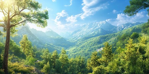 Aufkleber - Lush green valley surrounded by majestic mountains under a bright blue sky with fluffy clouds and sunlight filtering through tall pine trees
