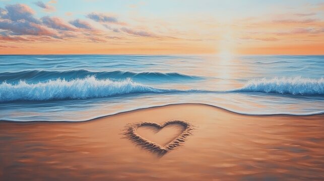 A heart-shaped design in the sand on a beach at sunset, with the waves softly touching the shore and the sky painted in warm hues, evoking a calm natural setting.