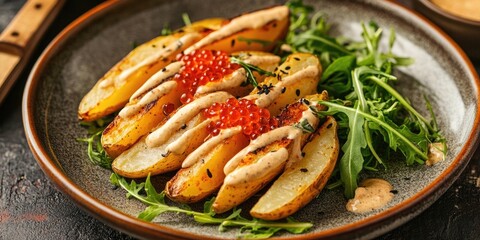 Poster - Delicious baked potato wedges drizzled with sauce and topped with red caviar on a dark plate surrounded by fresh arugula and herbs.