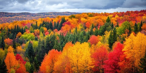 Aufkleber - Vibrant autumn landscape featuring a dense forest with shades of red, orange, and yellow trees against a cloudy sky in the background.