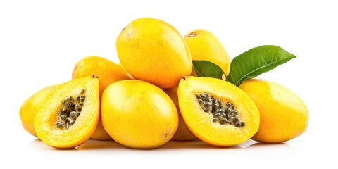 Poster - Vibrant yellow tropical fruits including whole and halved varieties arranged in a pile with a green leaf isolated on a clean white background