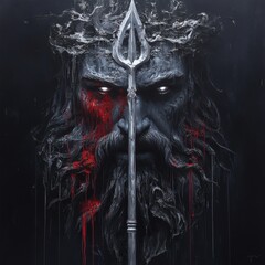 Poster - Ultrarealistic 3D painting of Poseidon formed dripping red silver paint emerging from the sea with his glowing silver trident His intense eyes burn with anger highlighted against a black background