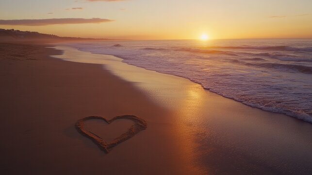 A heart-shaped design in the sand on a beach at sunset, with the waves softly touching the shore and the sky painted in warm hues, evoking a calm natural setting.