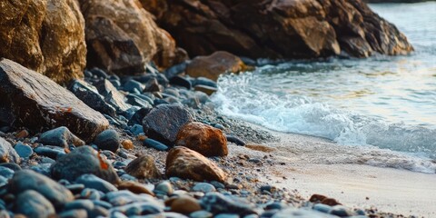 Poster - Coastal scene featuring smooth pebbles in varied shades of gray and brown near a gentle wave lapping against the shore with rocky formations in background.
