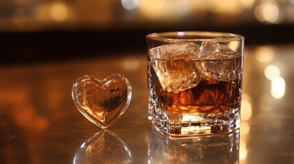 Poster - A heart-shaped ice cube placed next to a drink on a polished surface, highlighting the crisp, clear edges of the ice and the refreshing nature of the beverage.