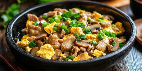 Poster - Sizzling stir-fried egg and pork with mushrooms in a rustic black bowl garnished with green onions on a wooden surface, earthy tones and vibrant colors.