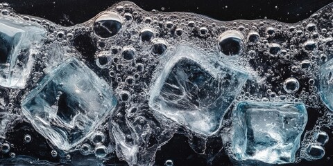Aufkleber - Ice cubes submerged in clear water with bubbles, featuring shades of blue and clear transparency, arranged horizontally against a dark background.