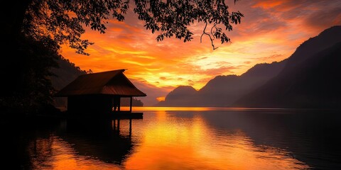 Poster - Sunset over tranquil lake with silhouetted hut on left, vibrant orange and purple sky, dark mountains in the background reflecting on water.