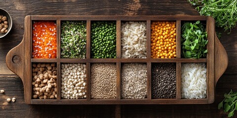 Poster - Assorted grains and legumes in a wooden tray featuring orange, green, and yellow hues with rice and herbs on a rustic wooden background.