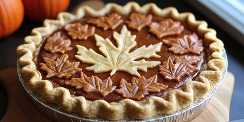 Aufkleber - Pumpkin pie with decorative leaf design in autumn colors placed on a wooden board with pumpkins in the background showcasing a warm, inviting scene.