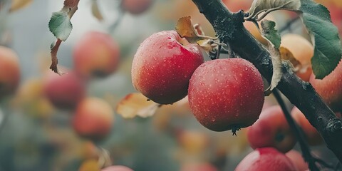 Poster - Fresh red apples with dew on branches, lush green leaves, soft focus background of blurred apples, autumn setting in warm tones.