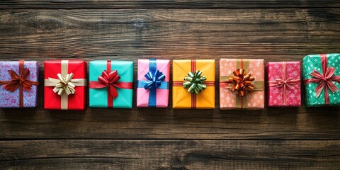Poster - Colorful gift boxes arranged on a wooden table, featuring red, green, blue, pink, yellow, and orange wraps with various bows all in a row.