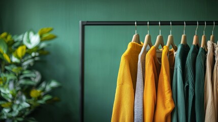 Fototapete - Various cozy sweaters in warm tones are neatly arranged on a rack, contrasting beautifully with a deep green wall and a lush plant, creating a welcoming, stylish ambiance