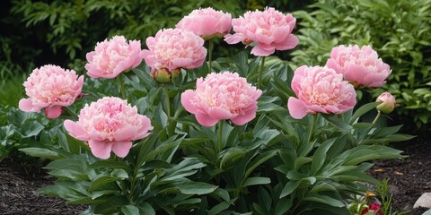 Aufkleber - Lush pink peonies in full bloom surrounded by green foliage showcasing vibrant petals and lush greenery in a bright garden setting