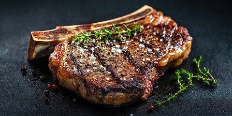 Aufkleber - Deliciously grilled T-bone steak seasoned with salt and herbs on a dark concrete background, showcasing rich brown and gray tones with green garnishes.